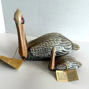 NWT Two Hand Carved and Hand Painted Wood Pelicans Large and Small